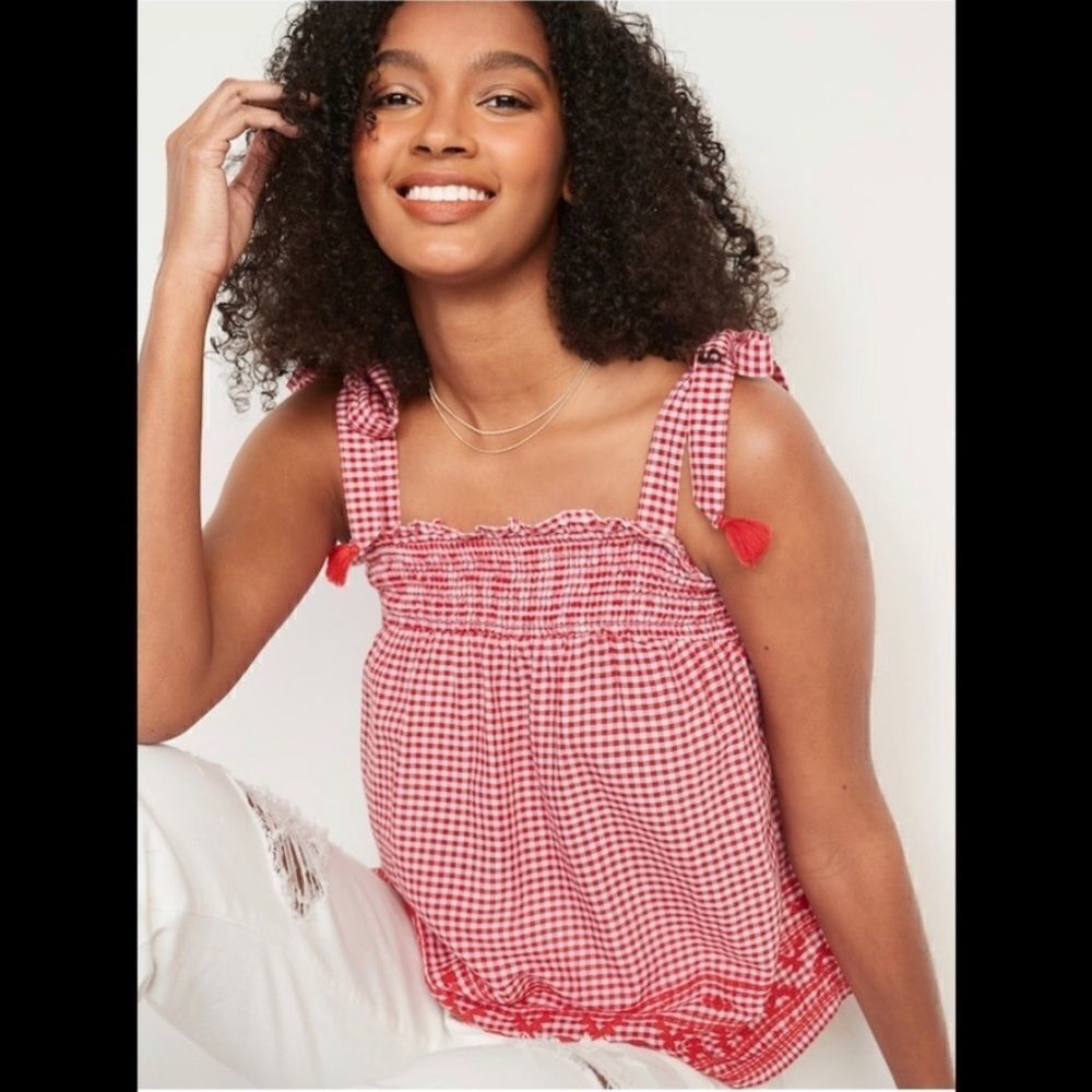 Smocked Tie-Shoulder Gingham Sleeveless Top Size XL